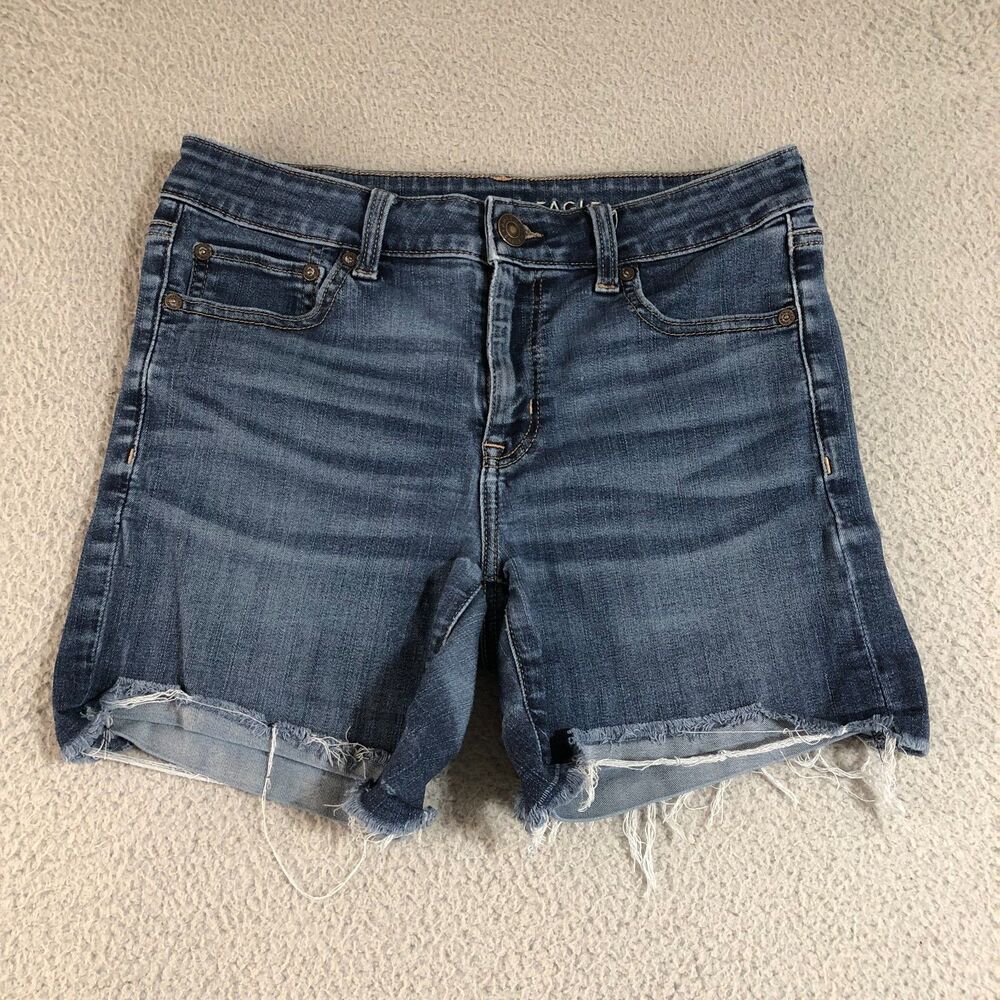 American Eagle Shorts Womens 8 Blue Stretch Raw Hem Preppy Midi Jeans Demin 4.5"